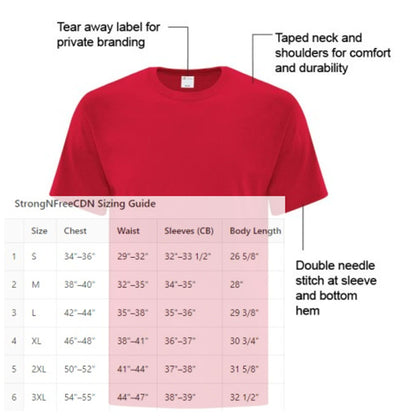 Strong N Free T-shirt sizing guide and garment features