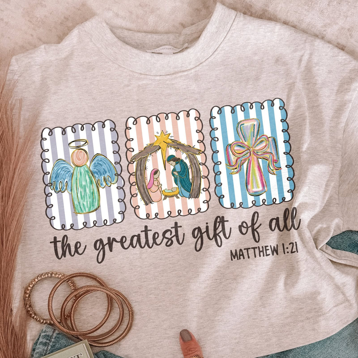 The Greatest Gift of All – Matthew 1:21 – Pastel Panels printed garment design preview