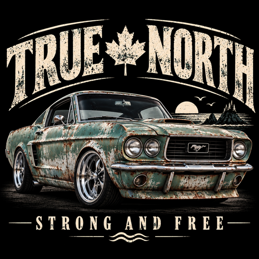 True North Strong and Free classic green Ford Mustang