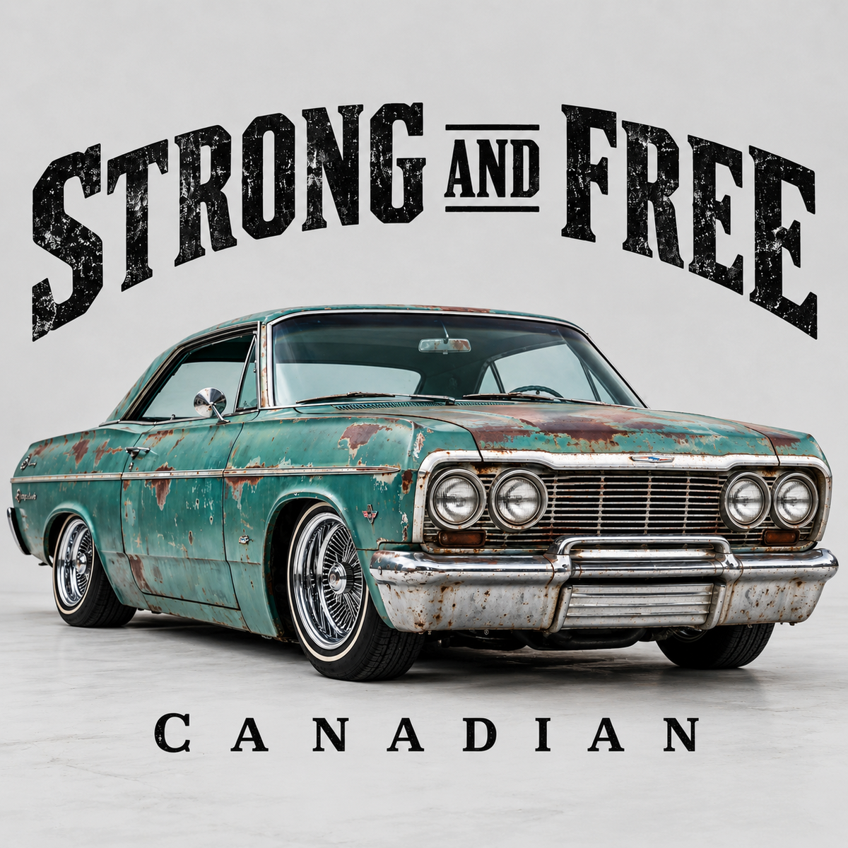 Strong and Free turquoise Chevrolet Impala classic car artwork