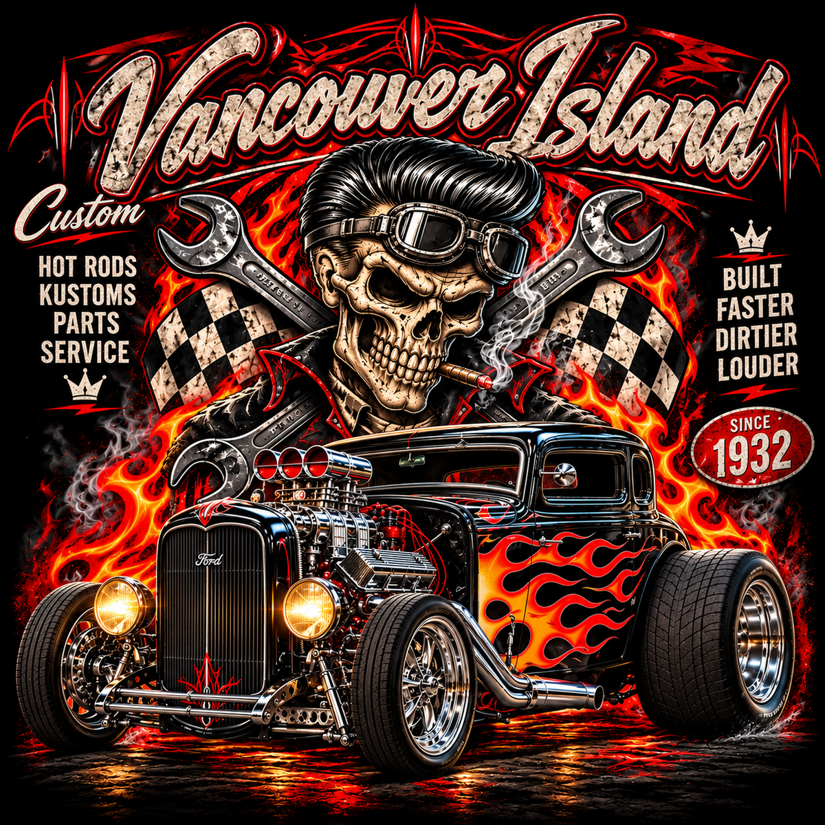 Vancouver Island Skull and Flame Hot Rod halftone DTF transfer for dark garments only