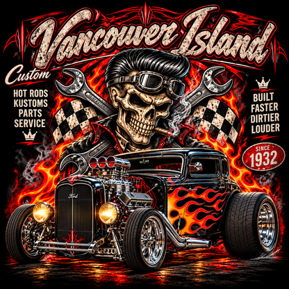 DTF Transfer Halftone – Vancouver Island Skull and Flame Hot Rod – Dark Garments Only