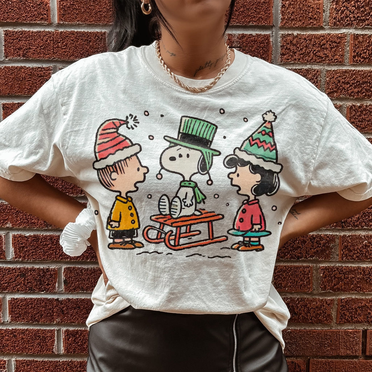 Snoopyy, Charliee & Lucyy – Christmas Sled DTF transfer mockup; garment not included