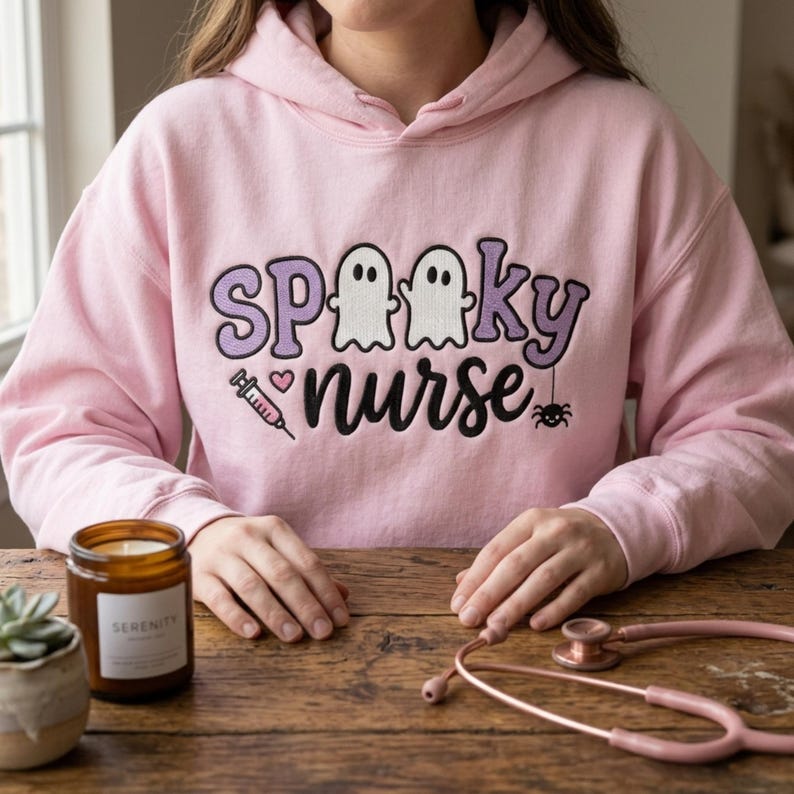Spooky Nurse embroidery design on a finished pink hoodie