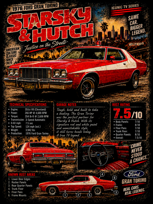 Starsky and Hutch - Ford Gran Torino - Vintage Magazine Cover - DTF transfer - Prints best on darks