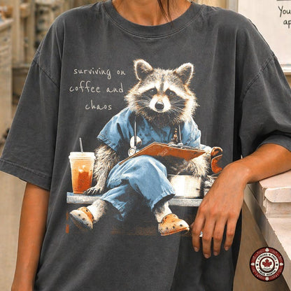 Nurse Raccoon Surviving on Coffee and Chaos DTF transfer mockup 1