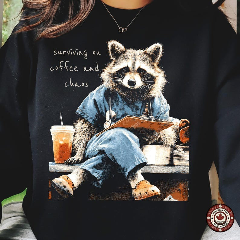 Nurse Raccoon Surviving on Coffee and Chaos DTF transfer mockup 2