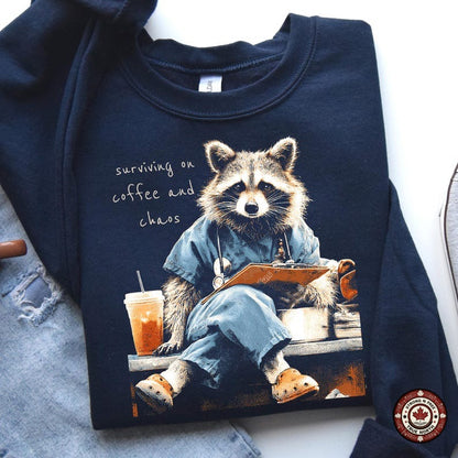 Nurse Raccoon Surviving on Coffee and Chaos DTF transfer mockup 3