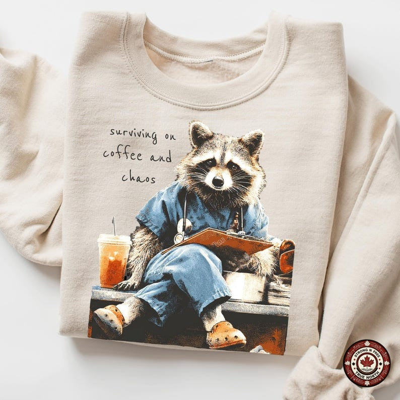 Nurse Raccoon Surviving on Coffee and Chaos DTF transfer mockup 4