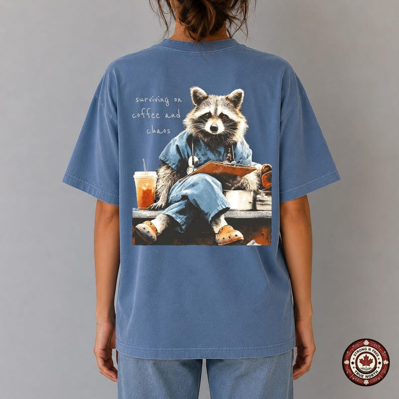 Nurse Raccoon Surviving on Coffee and Chaos DTF transfer mockup 5