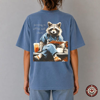 Nurse Raccoon Surviving on Coffee and Chaos DTF transfer mockup 5