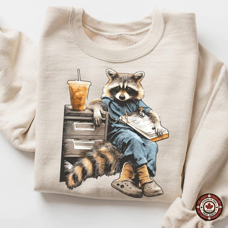 Tired Coffee Nurse Raccoon DTF transfer mockup 1