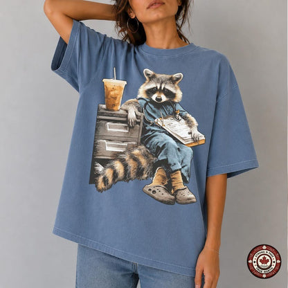 Tired Coffee Nurse Raccoon DTF transfer mockup 2