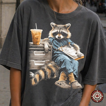 Tired Coffee Nurse Raccoon DTF transfer mockup 3
