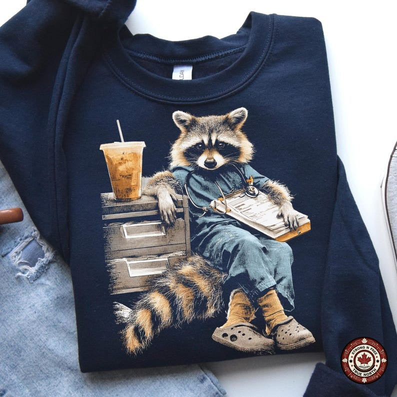 Tired Coffee Nurse Raccoon DTF transfer mockup 4