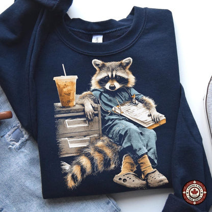 Tired Coffee Nurse Raccoon DTF transfer mockup 4