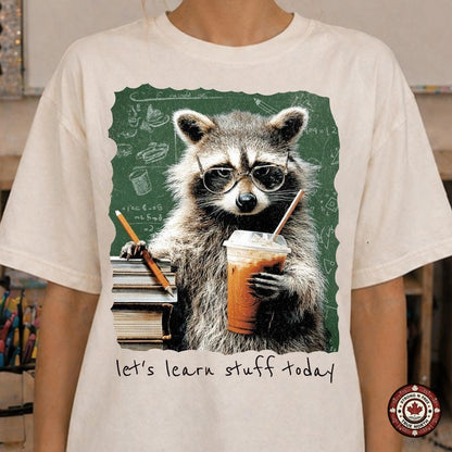 Let's Learn Stuff Today Teacher Raccoon DTF transfer mockup 2