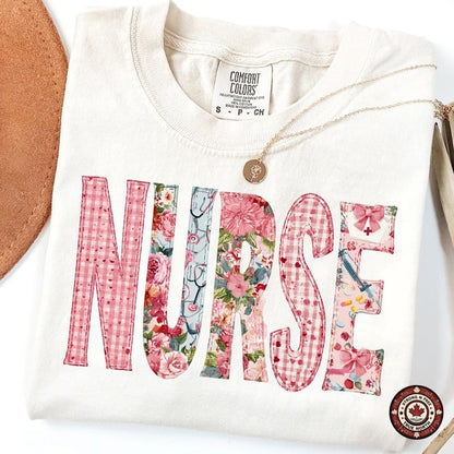 Floral Patchwork Nurse DTF transfer mockup 5