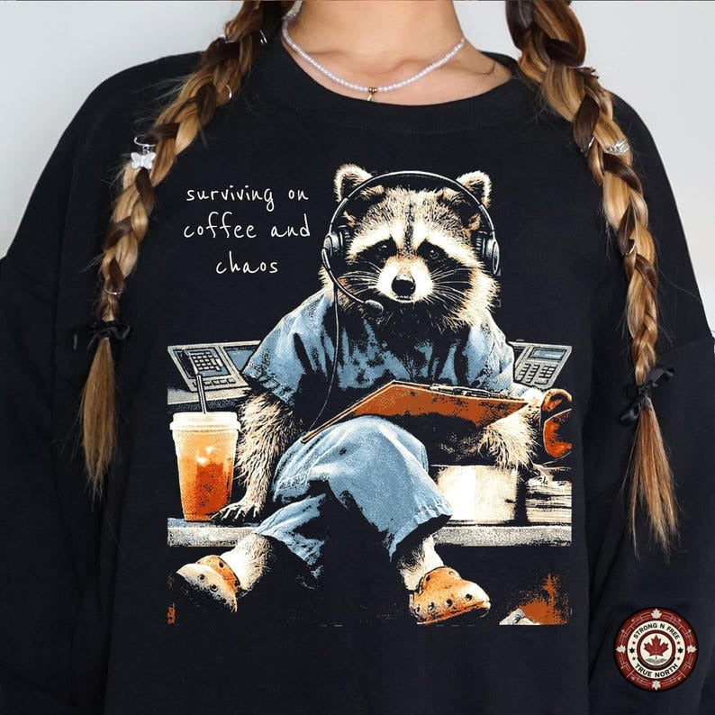 Dispatcher Raccoon Surviving on Coffee and Chaos DTF transfer mockup 1