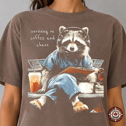 Dispatcher Raccoon Surviving on Coffee and Chaos DTF transfer mockup 2