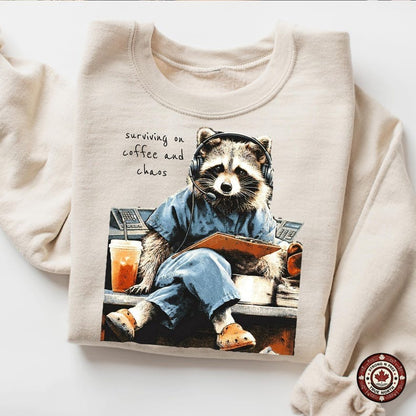 Dispatcher Raccoon Surviving on Coffee and Chaos DTF transfer mockup 4