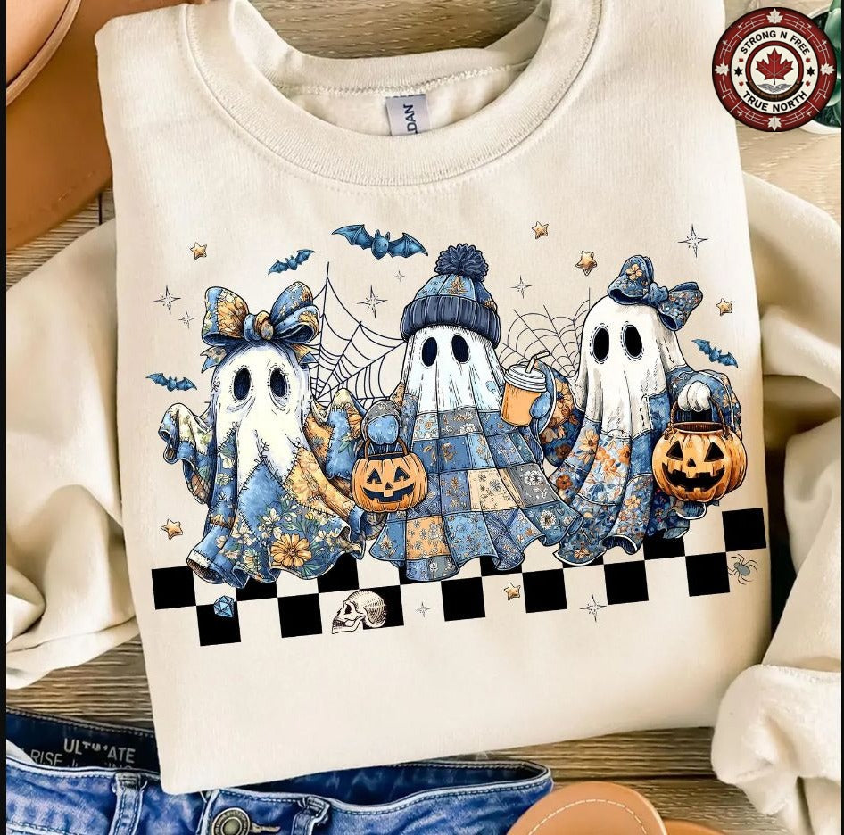 Retro Blue Denim Patchwork Ghosts ready-to-press DTF transfer photo 1