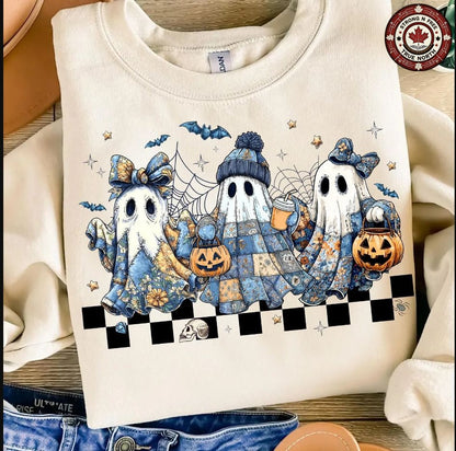 Retro Blue Denim Patchwork Ghosts ready-to-press DTF transfer photo 1