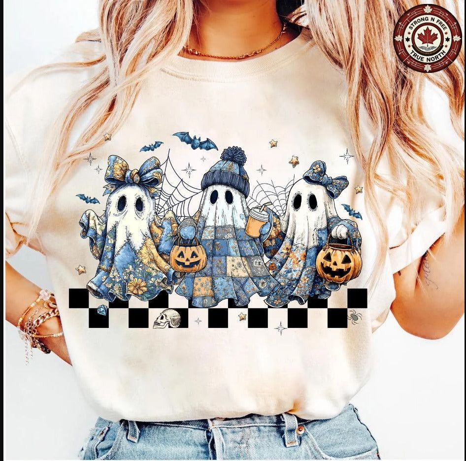 Retro Blue Denim Patchwork Ghosts ready-to-press DTF transfer photo 2