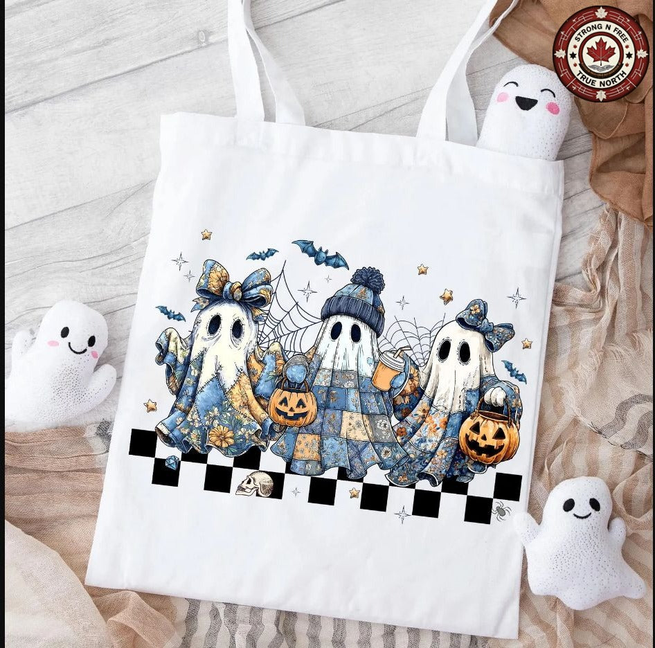 Retro Blue Denim Patchwork Ghosts ready-to-press DTF transfer photo 3
