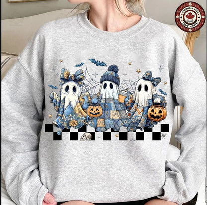 Retro Blue Denim Patchwork Ghosts ready-to-press DTF transfer photo 4