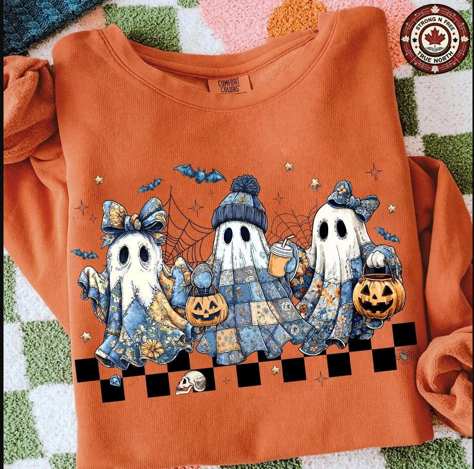 Retro Blue Denim Patchwork Ghosts ready-to-press DTF transfer photo 5