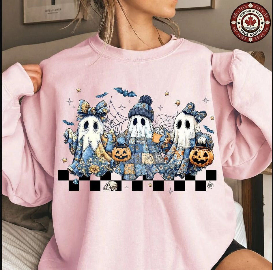 Retro Blue Denim Patchwork Ghosts ready-to-press DTF transfer photo 6