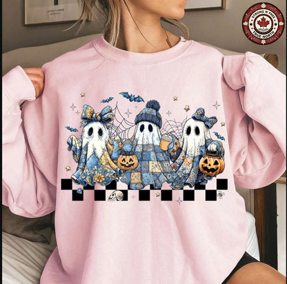 Retro Blue Denim Patchwork Ghosts ready-to-press DTF transfer photo 6