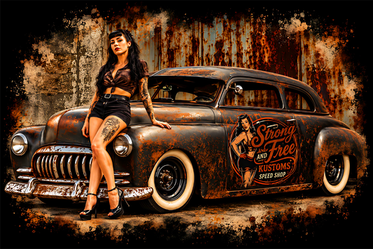 Strong N Free Kustoms - Vintage Car and Pin-Up Girl - Prints best on darks