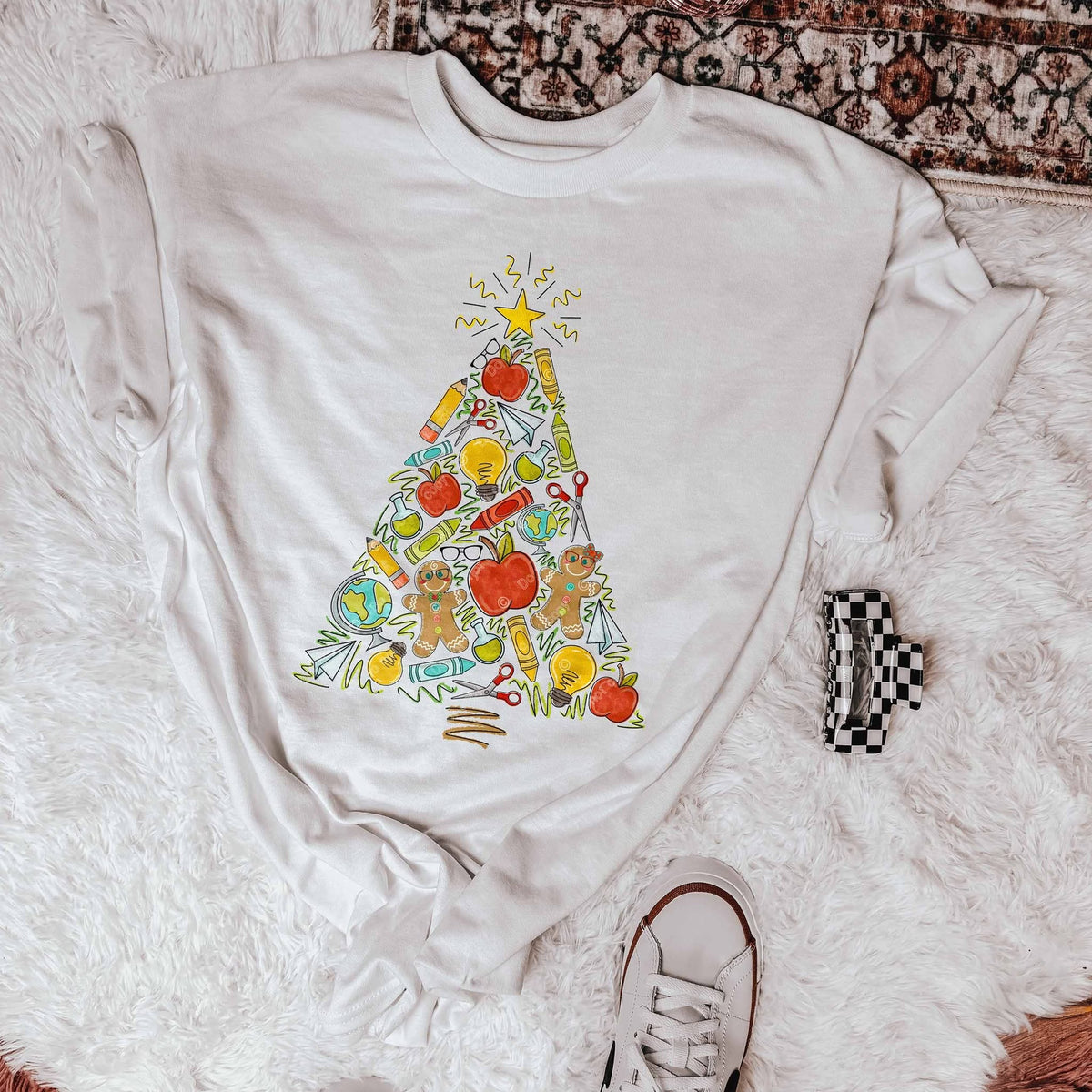 Teacher Christmas Tree – School Supplies DTF transfer mockup; garment not included