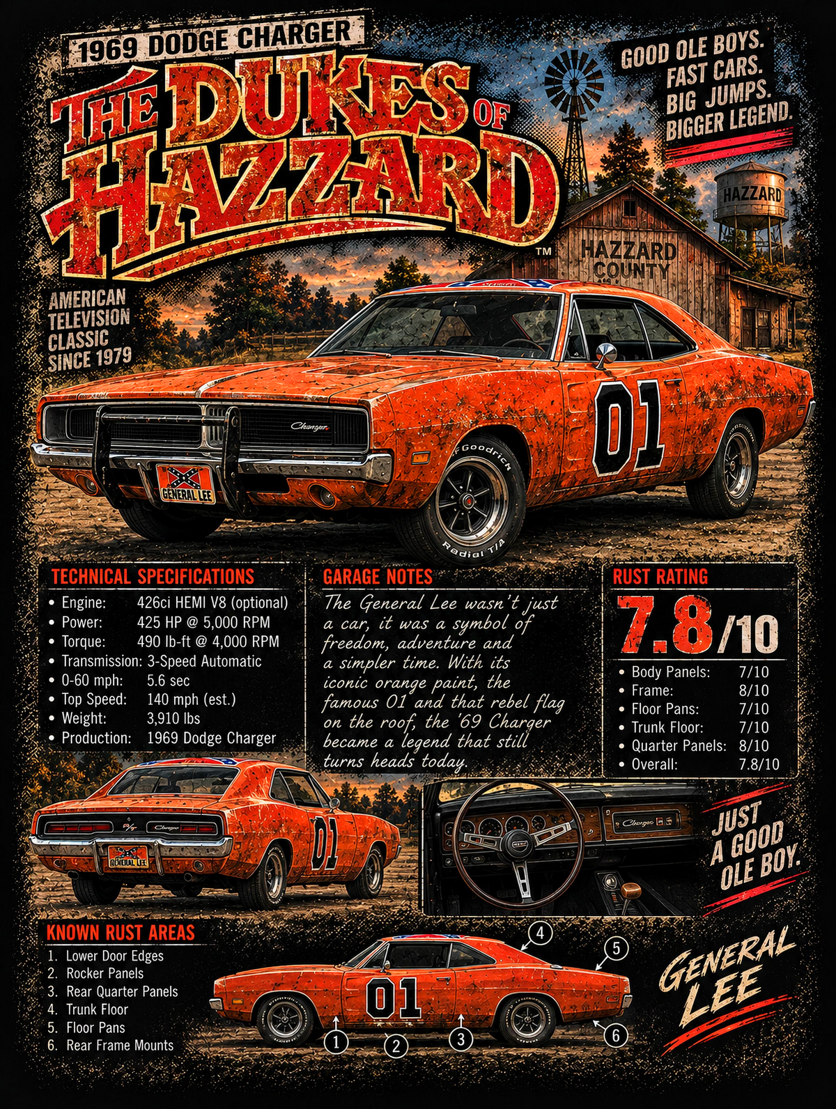 The Dukes of Hazzard - General Lee Dodge Charger - Vintage Magazine Cover - printed halftone garment - Prints best on darks