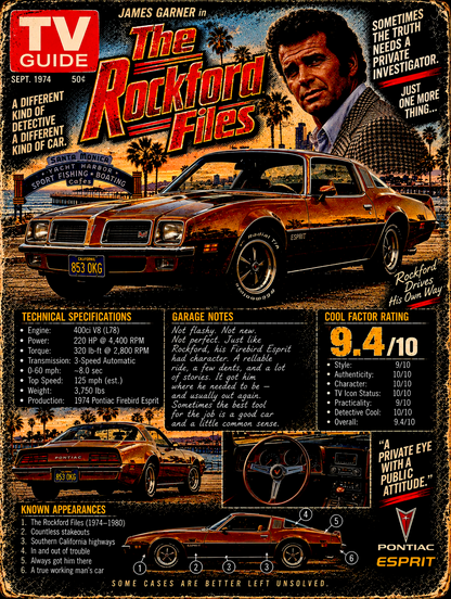 The Rockford Files - Pontiac Firebird - Vintage Magazine Cover - DTF transfer - Prints best on darks