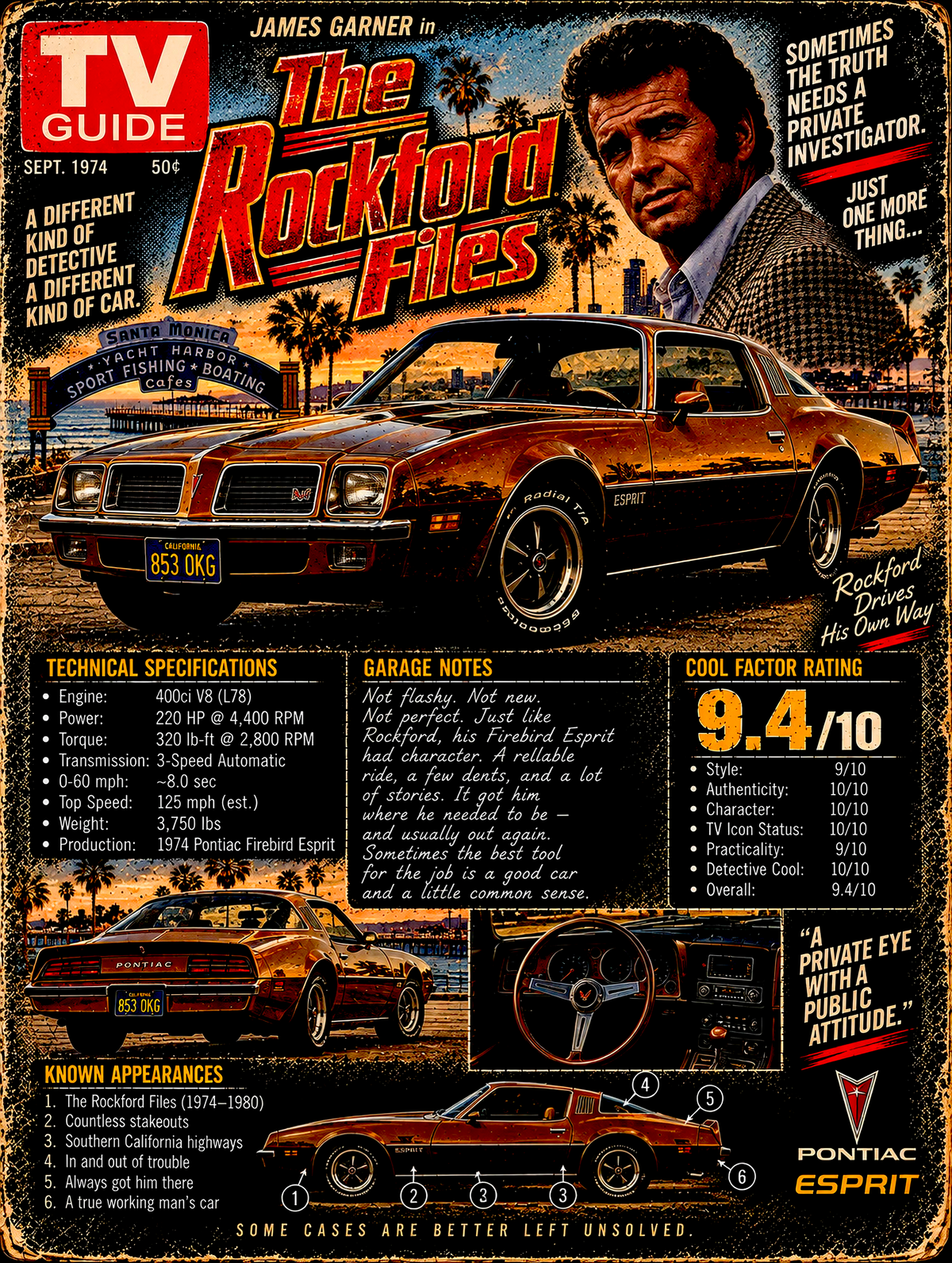 The Rockford Files - Pontiac Firebird - Vintage Magazine Cover - printed halftone garment - Prints best on darks