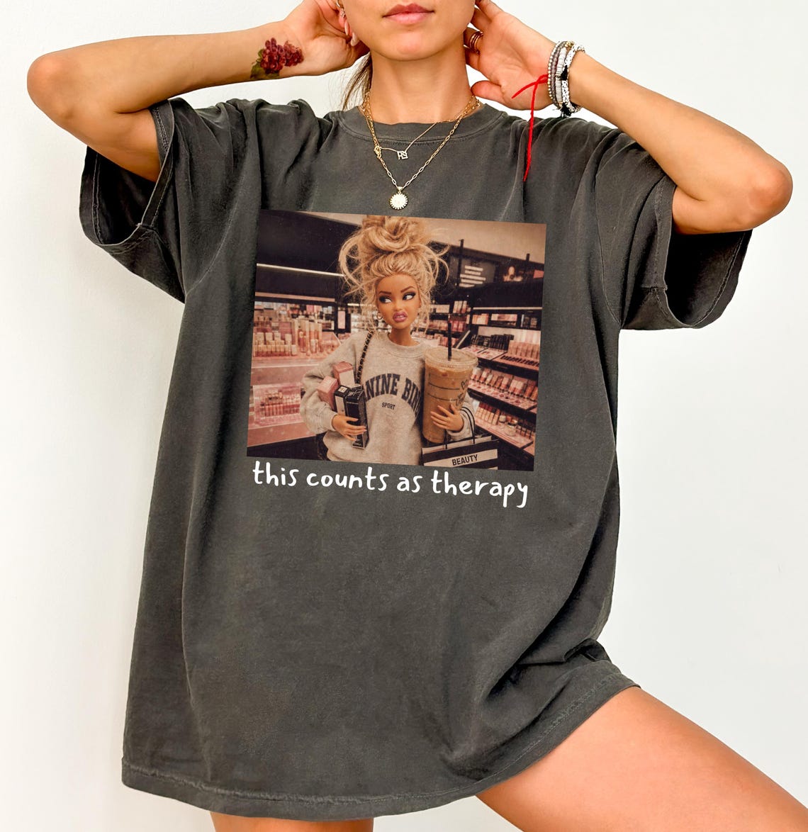 This Counts as Therapy retail humour DTF transfer shown on a Pepper black shirt