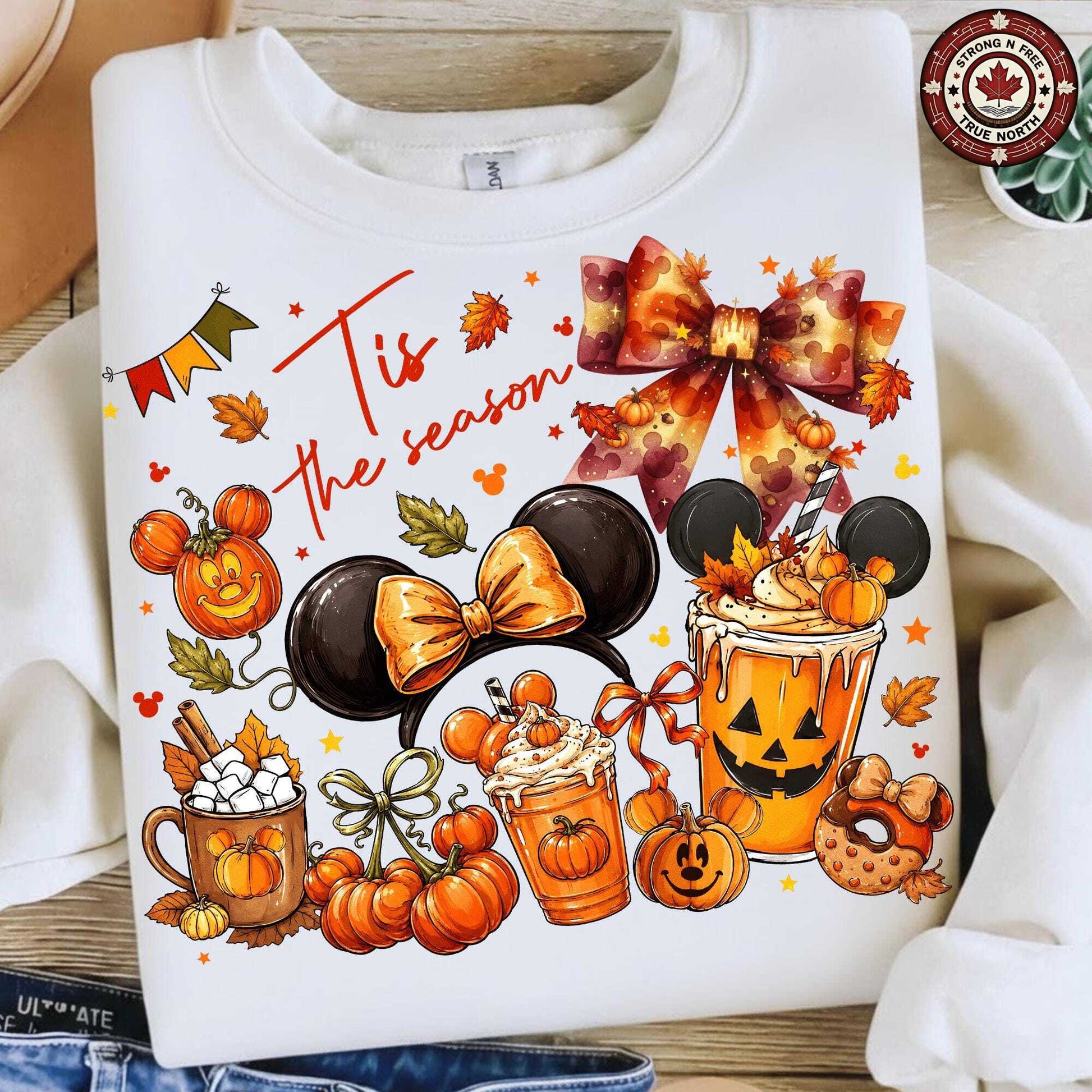 Tis the Season fall coquette bow DTF transfer on a white sweatshirt