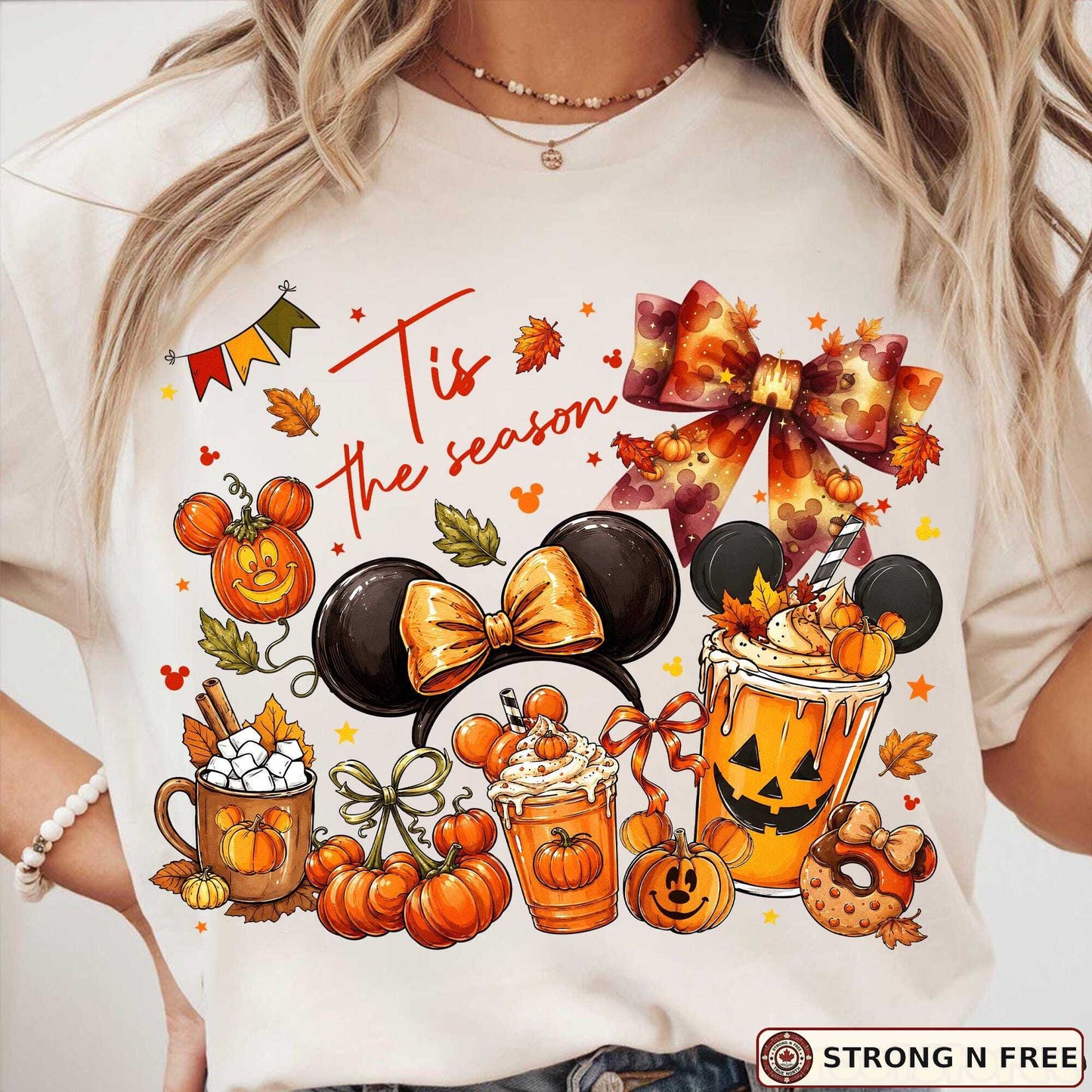 Tis the Season fall coquette bow DTF transfer on a cream T-shirt