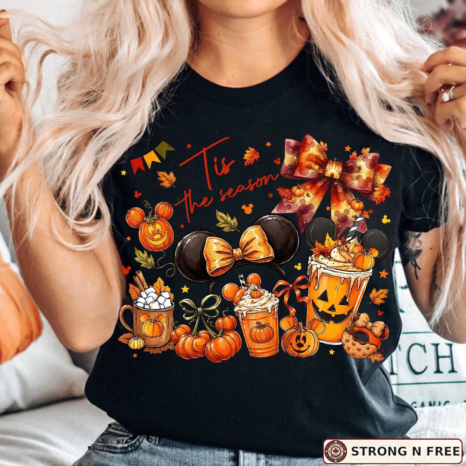 Tis the Season fall coquette bow DTF transfer on a black T-shirt