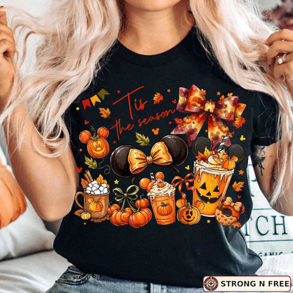 Tis the Season fall coquette bow DTF transfer on a black T-shirt