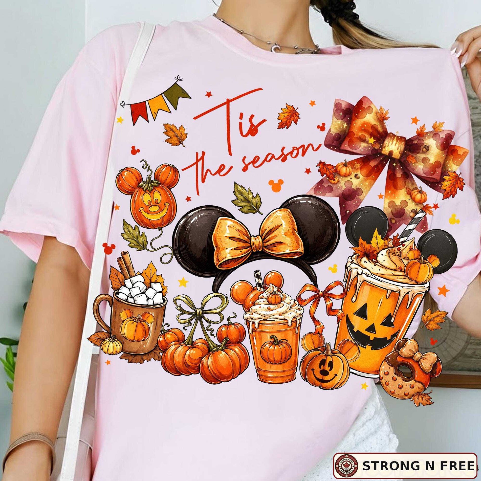 Tis the Season fall coquette bow DTF transfer on a pink T-shirt