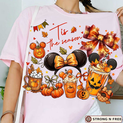 Tis the Season fall coquette bow DTF transfer on a pink T-shirt