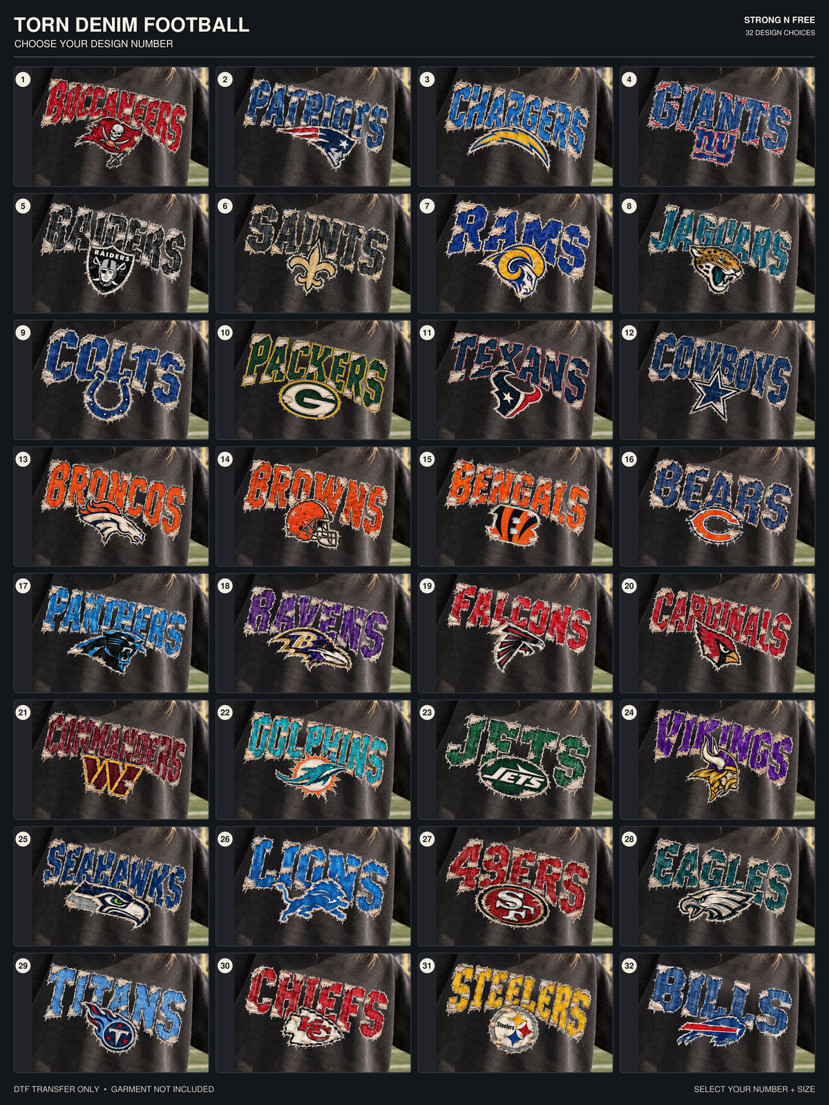 Torn Denim Football – all 32 numbered design choices. DTF transfer only; garment not included.