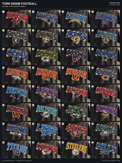 Torn Denim Football – all 32 numbered design choices. DTF transfer only; garment not included.