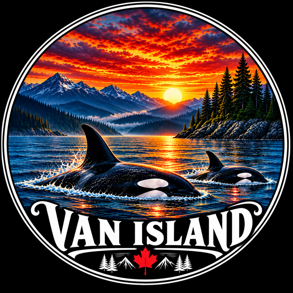 Circular Van Island orca sunset design with mountains, evergreen trees, white lettering and a red maple leaf on black