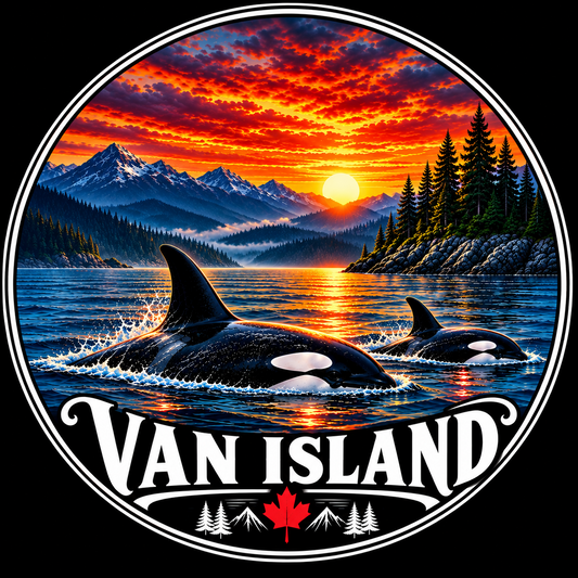 Circular Van Island orca sunset design with mountains, evergreen trees, white lettering and a red maple leaf on black