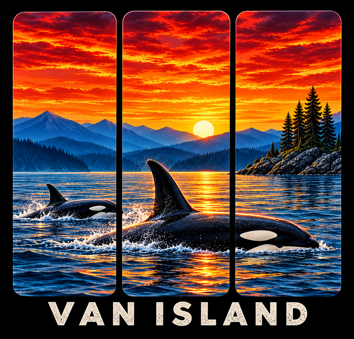 Van Island orcas at sunset with mountains, ocean and evergreen trees in three panels on a black background